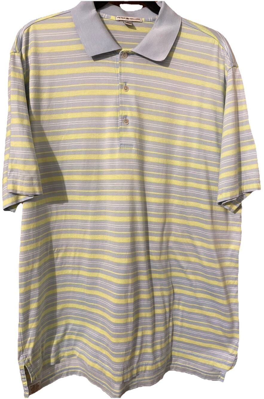 Peter Millar Performance Golf Polo Blue & Light Green Striped Large 100% Cotton